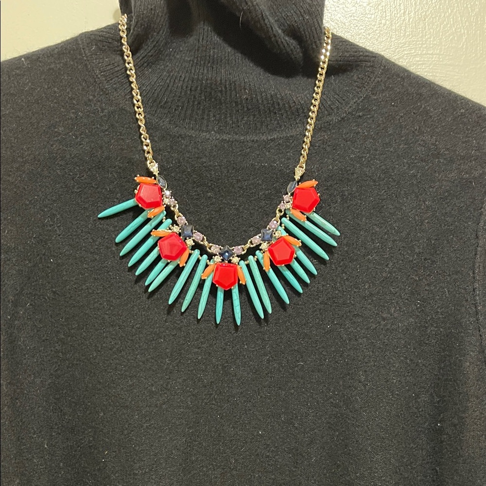 LOFT Faux Turquoise, Sapphire Rhinestone, and Coral Statement Necklace 20”